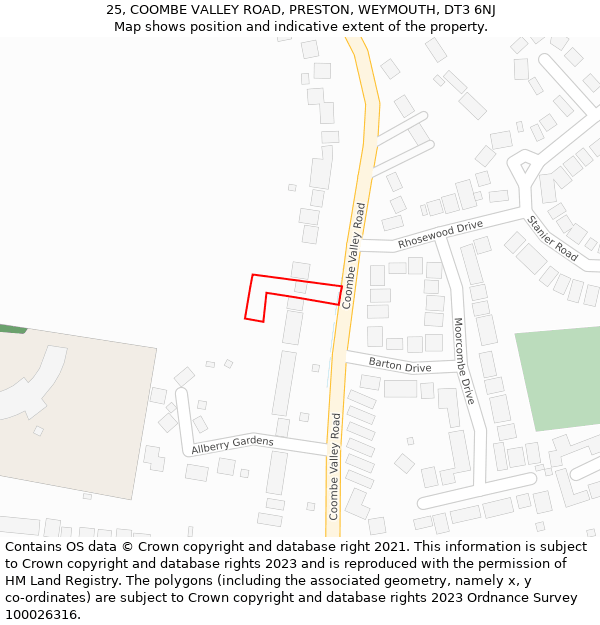 25, COOMBE VALLEY ROAD, PRESTON, WEYMOUTH, DT3 6NJ: Location map and indicative extent of plot