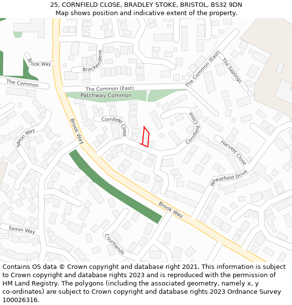 25, CORNFIELD CLOSE, BRADLEY STOKE, BRISTOL, BS32 9DN: Location map and indicative extent of plot