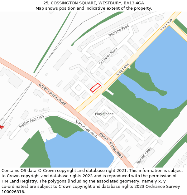 25, COSSINGTON SQUARE, WESTBURY, BA13 4GA: Location map and indicative extent of plot