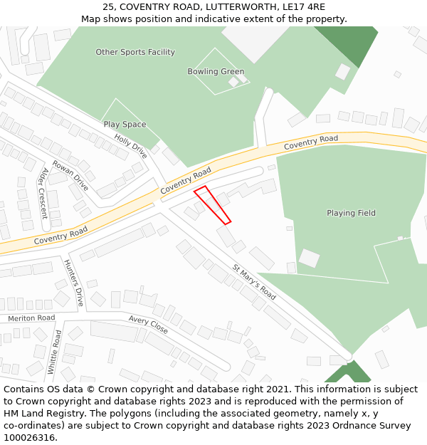 25, COVENTRY ROAD, LUTTERWORTH, LE17 4RE: Location map and indicative extent of plot