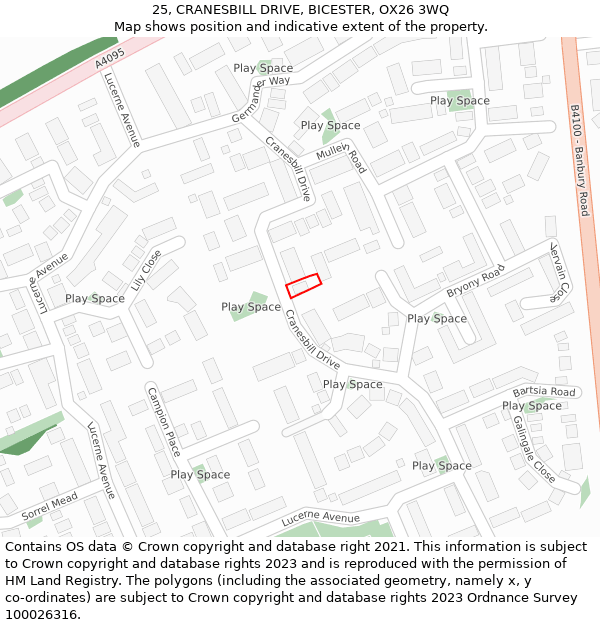 25, CRANESBILL DRIVE, BICESTER, OX26 3WQ: Location map and indicative extent of plot