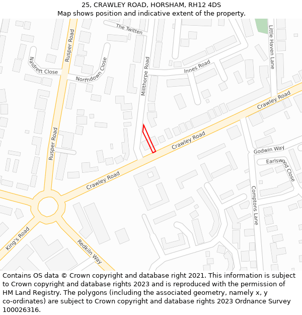 25, CRAWLEY ROAD, HORSHAM, RH12 4DS: Location map and indicative extent of plot