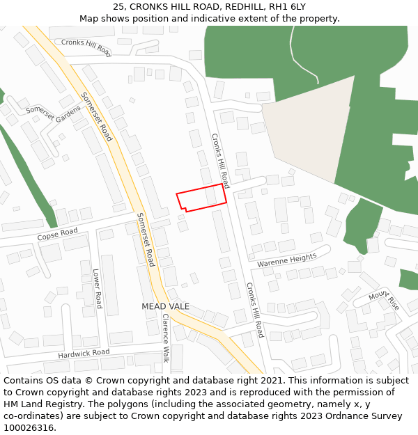 25, CRONKS HILL ROAD, REDHILL, RH1 6LY: Location map and indicative extent of plot