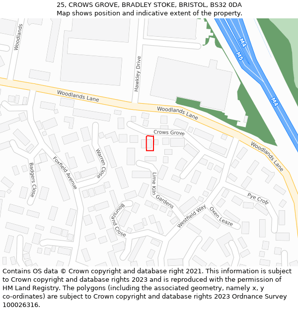 25, CROWS GROVE, BRADLEY STOKE, BRISTOL, BS32 0DA: Location map and indicative extent of plot