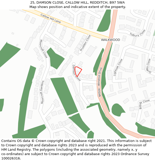 25, DAMSON CLOSE, CALLOW HILL, REDDITCH, B97 5WA: Location map and indicative extent of plot