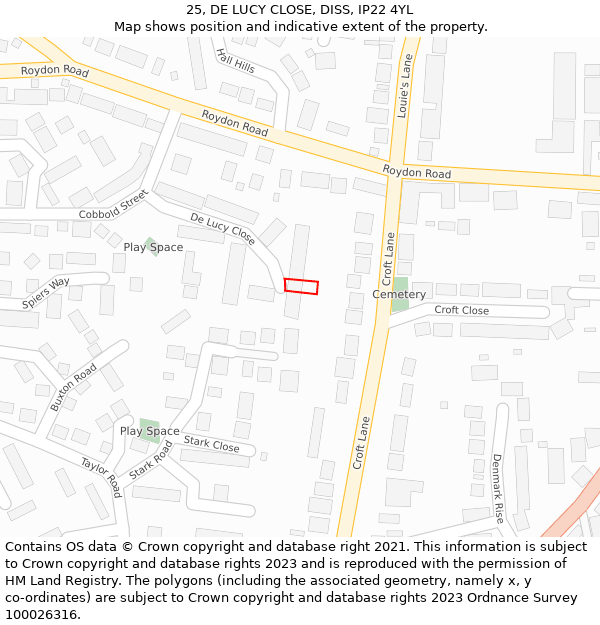 25, DE LUCY CLOSE, DISS, IP22 4YL: Location map and indicative extent of plot