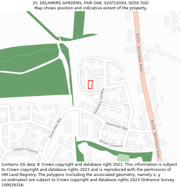 25, DELAMERE GARDENS, FAIR OAK, EASTLEIGH, SO50 7GD: Location map and indicative extent of plot