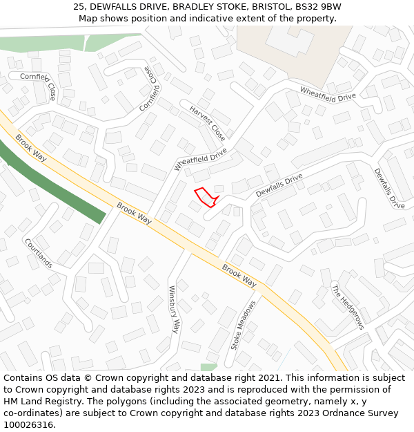 25, DEWFALLS DRIVE, BRADLEY STOKE, BRISTOL, BS32 9BW: Location map and indicative extent of plot