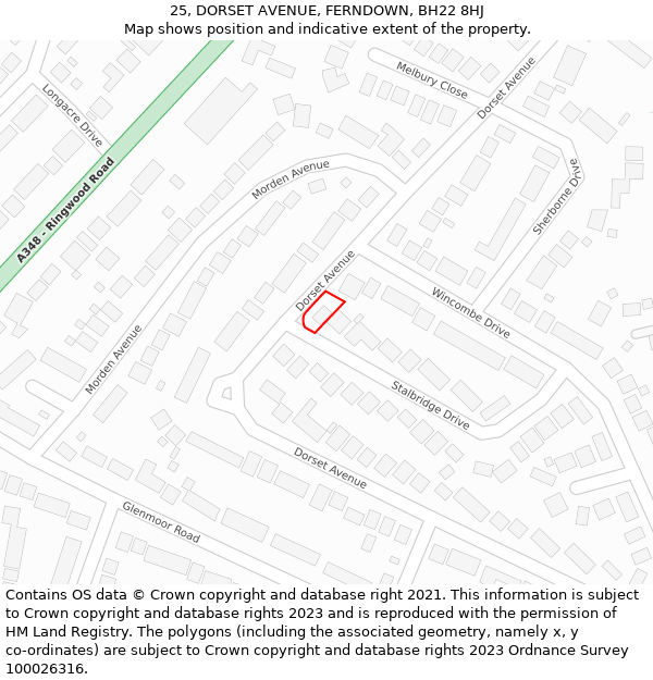 25, DORSET AVENUE, FERNDOWN, BH22 8HJ: Location map and indicative extent of plot