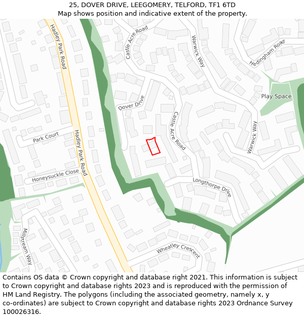 25, DOVER DRIVE, LEEGOMERY, TELFORD, TF1 6TD: Location map and indicative extent of plot