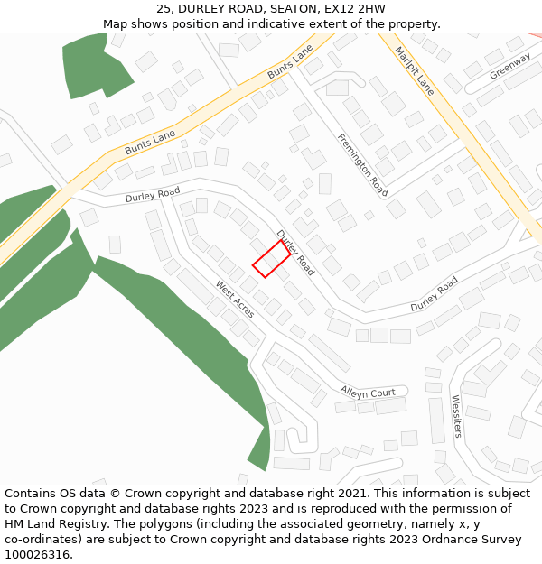 25, DURLEY ROAD, SEATON, EX12 2HW: Location map and indicative extent of plot