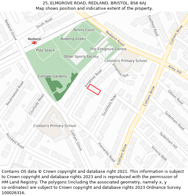 25, ELMGROVE ROAD, REDLAND, BRISTOL, BS6 6AJ: Location map and indicative extent of plot