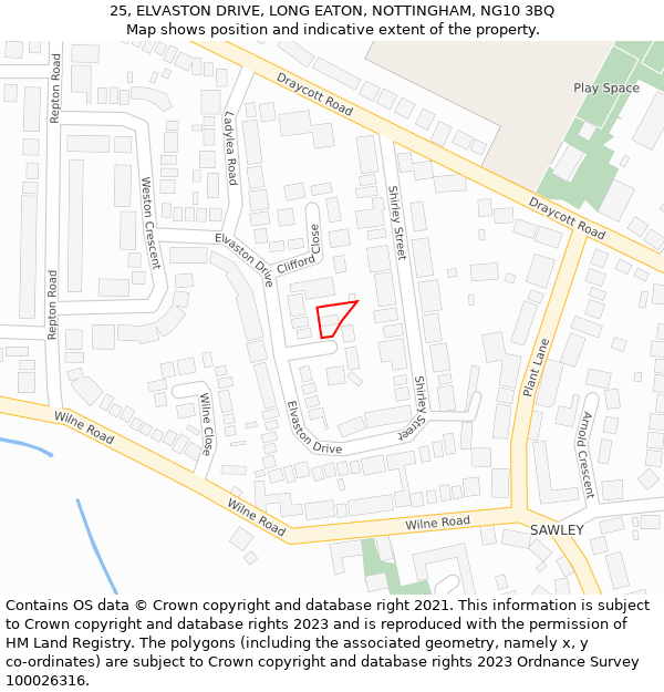 25, ELVASTON DRIVE, LONG EATON, NOTTINGHAM, NG10 3BQ: Location map and indicative extent of plot