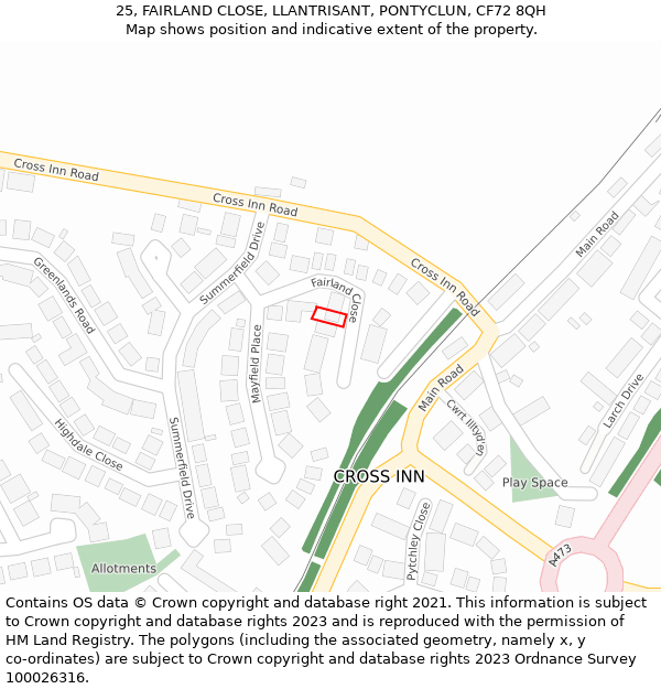 25, FAIRLAND CLOSE, LLANTRISANT, PONTYCLUN, CF72 8QH: Location map and indicative extent of plot