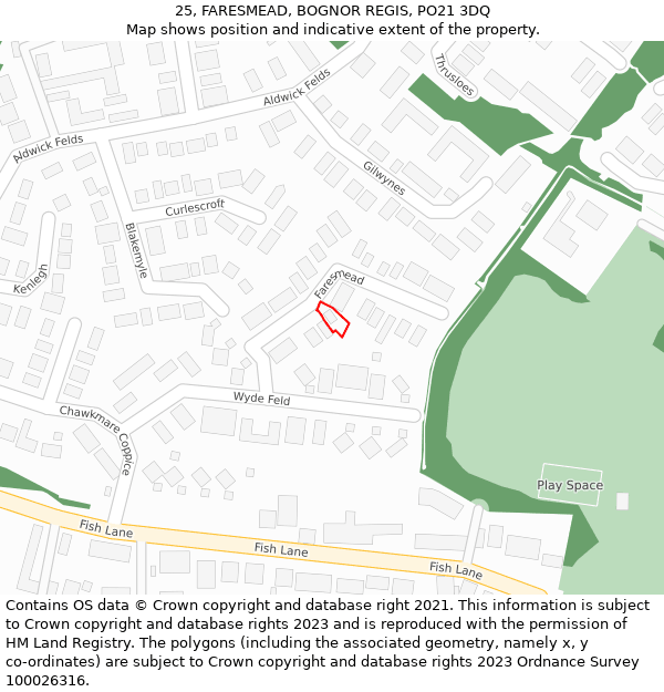 25, FARESMEAD, BOGNOR REGIS, PO21 3DQ: Location map and indicative extent of plot