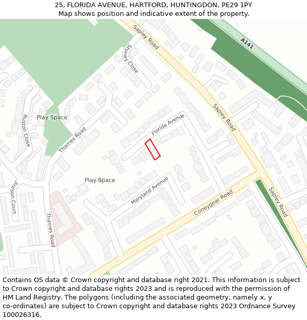 25, FLORIDA AVENUE, HARTFORD, HUNTINGDON, PE29 1PY: Location map and indicative extent of plot