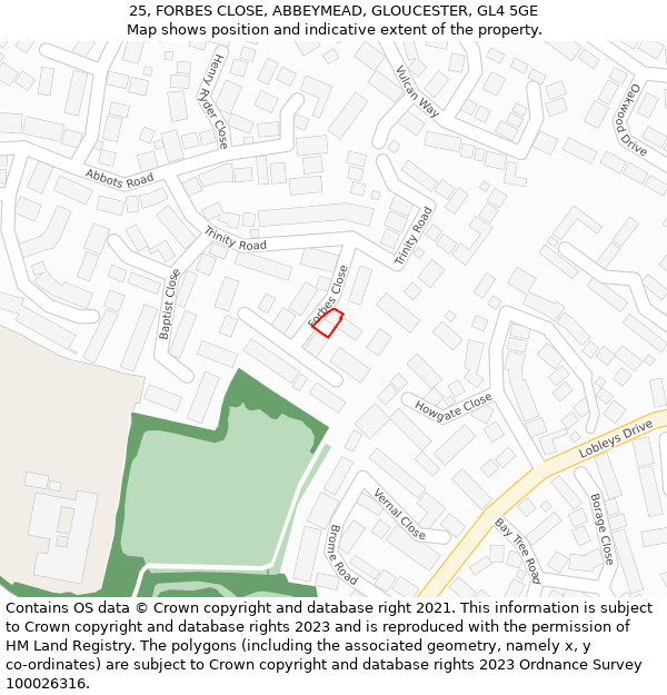 25, FORBES CLOSE, ABBEYMEAD, GLOUCESTER, GL4 5GE: Location map and indicative extent of plot