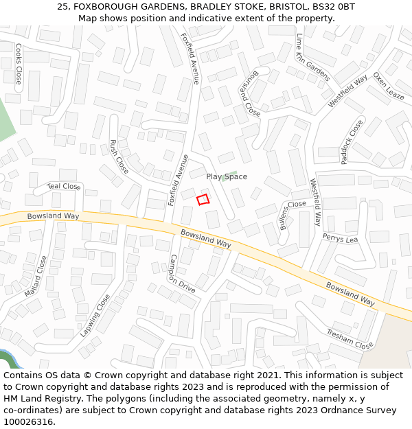 25, FOXBOROUGH GARDENS, BRADLEY STOKE, BRISTOL, BS32 0BT: Location map and indicative extent of plot