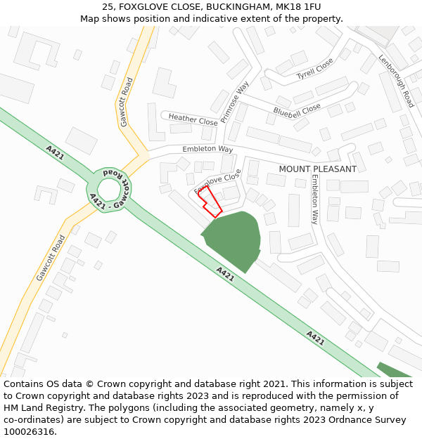 25, FOXGLOVE CLOSE, BUCKINGHAM, MK18 1FU: Location map and indicative extent of plot