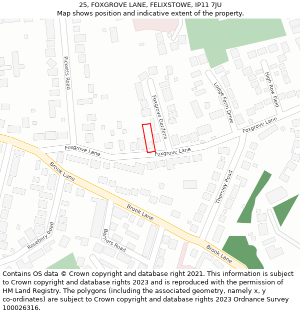 25, FOXGROVE LANE, FELIXSTOWE, IP11 7JU: Location map and indicative extent of plot