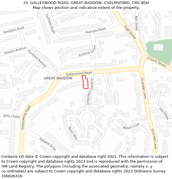 25, GALLEYWOOD ROAD, GREAT BADDOW, CHELMSFORD, CM2 8DH: Location map and indicative extent of plot