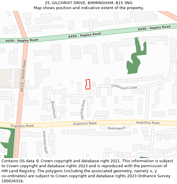 25, GILCHRIST DRIVE, BIRMINGHAM, B15 3NG: Location map and indicative extent of plot