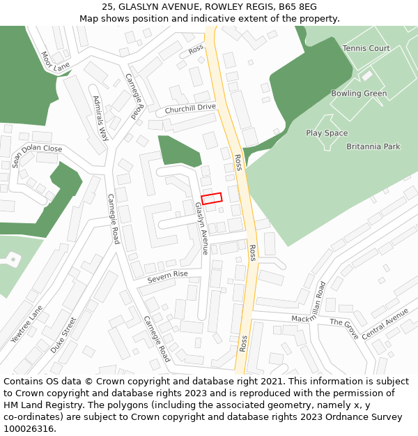 25, GLASLYN AVENUE, ROWLEY REGIS, B65 8EG: Location map and indicative extent of plot