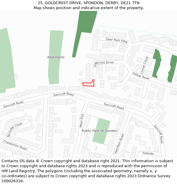 25, GOLDCREST DRIVE, SPONDON, DERBY, DE21 7TN: Location map and indicative extent of plot