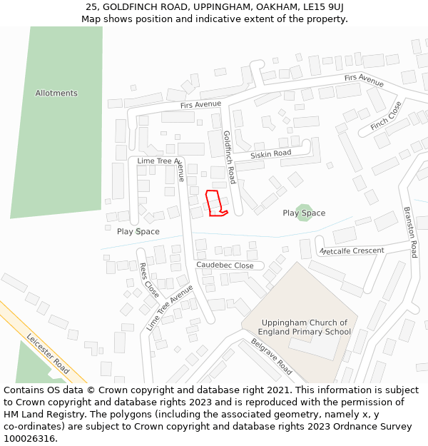 25, GOLDFINCH ROAD, UPPINGHAM, OAKHAM, LE15 9UJ: Location map and indicative extent of plot