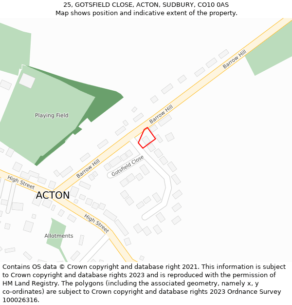 25, GOTSFIELD CLOSE, ACTON, SUDBURY, CO10 0AS: Location map and indicative extent of plot