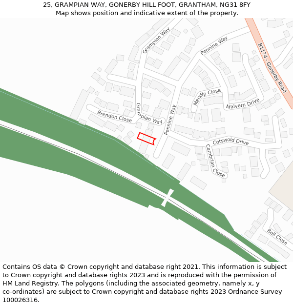 25, GRAMPIAN WAY, GONERBY HILL FOOT, GRANTHAM, NG31 8FY: Location map and indicative extent of plot