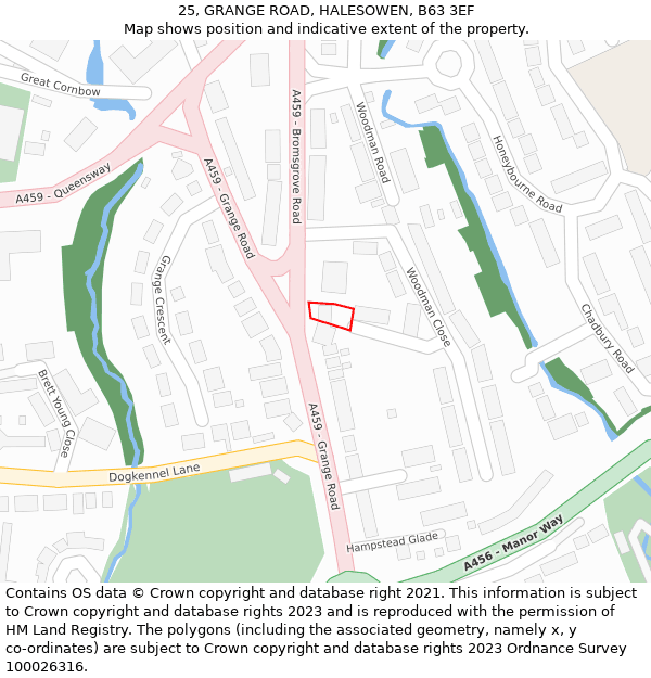 25, GRANGE ROAD, HALESOWEN, B63 3EF: Location map and indicative extent of plot
