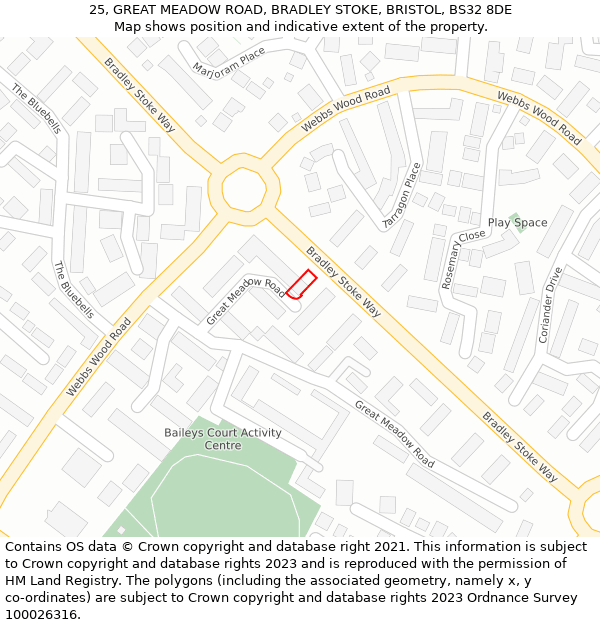 25, GREAT MEADOW ROAD, BRADLEY STOKE, BRISTOL, BS32 8DE: Location map and indicative extent of plot