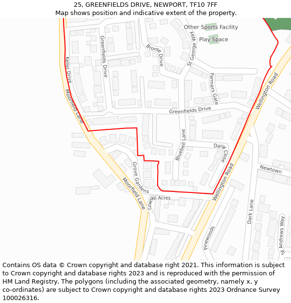 25, GREENFIELDS DRIVE, NEWPORT, TF10 7FF: Location map and indicative extent of plot