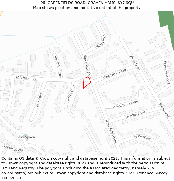 25, GREENFIELDS ROAD, CRAVEN ARMS, SY7 9QU: Location map and indicative extent of plot