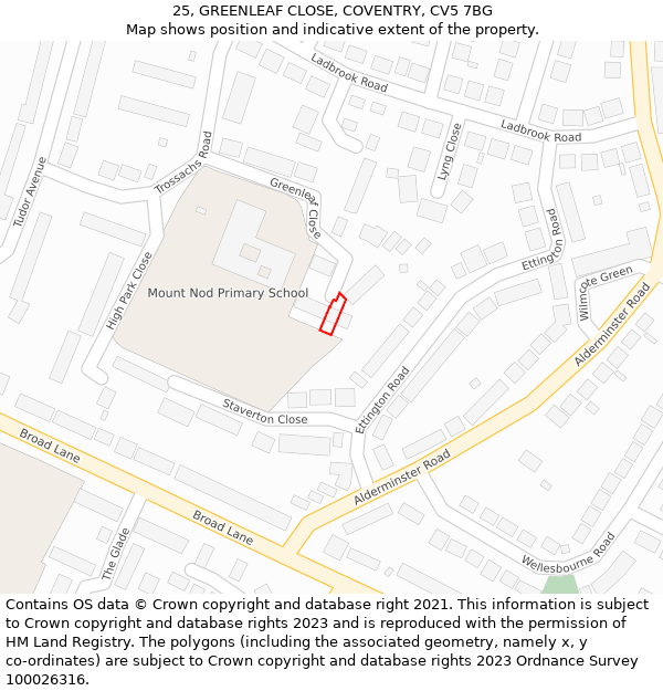 25, GREENLEAF CLOSE, COVENTRY, CV5 7BG: Location map and indicative extent of plot