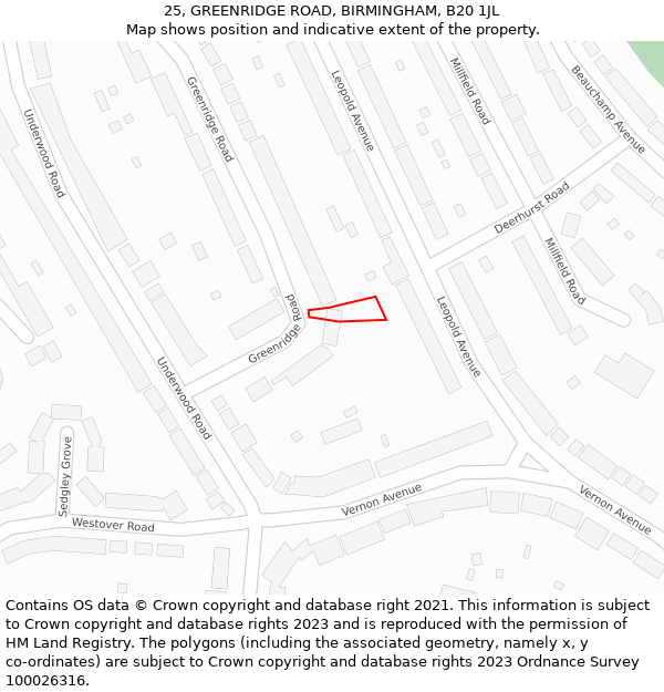 25, GREENRIDGE ROAD, BIRMINGHAM, B20 1JL: Location map and indicative extent of plot