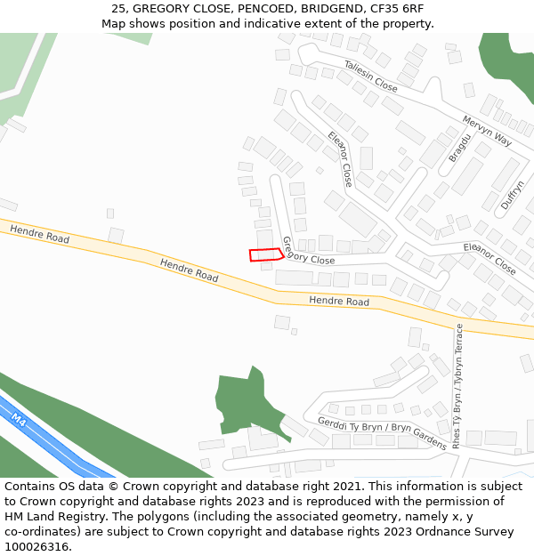 25, GREGORY CLOSE, PENCOED, BRIDGEND, CF35 6RF: Location map and indicative extent of plot