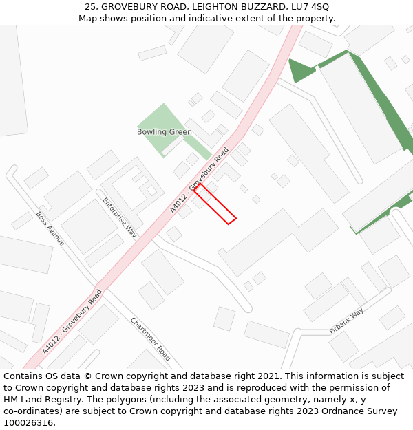 25, GROVEBURY ROAD, LEIGHTON BUZZARD, LU7 4SQ: Location map and indicative extent of plot