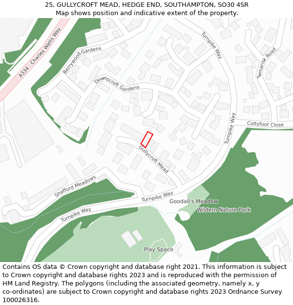 25, GULLYCROFT MEAD, HEDGE END, SOUTHAMPTON, SO30 4SR: Location map and indicative extent of plot