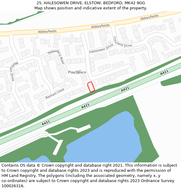 25, HALESOWEN DRIVE, ELSTOW, BEDFORD, MK42 9GG: Location map and indicative extent of plot