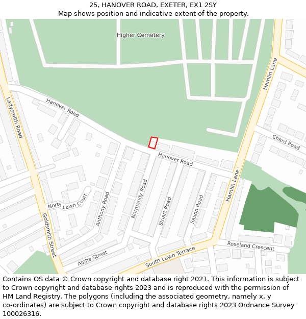 25, HANOVER ROAD, EXETER, EX1 2SY: Location map and indicative extent of plot