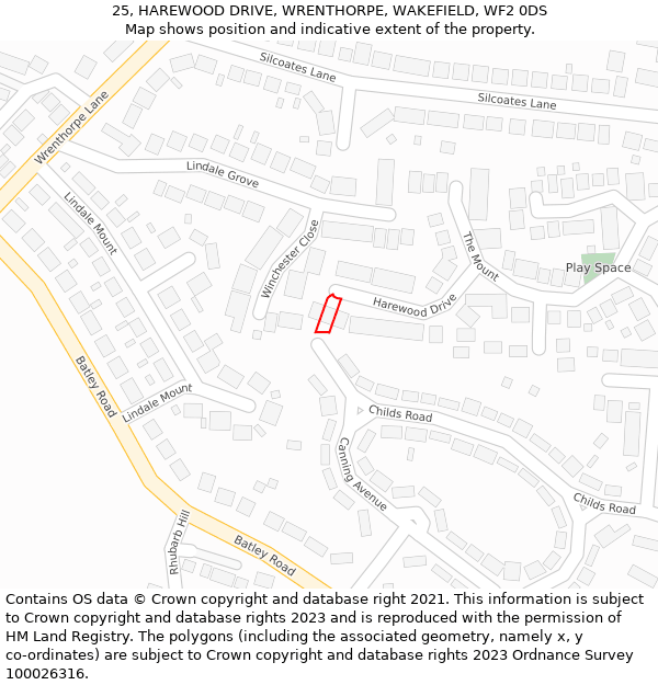 25, HAREWOOD DRIVE, WRENTHORPE, WAKEFIELD, WF2 0DS: Location map and indicative extent of plot