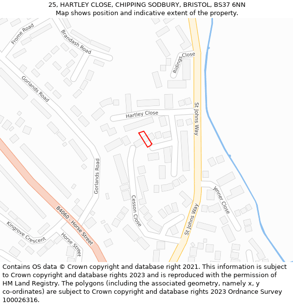 25, HARTLEY CLOSE, CHIPPING SODBURY, BRISTOL, BS37 6NN: Location map and indicative extent of plot