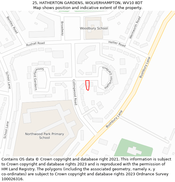 25, HATHERTON GARDENS, WOLVERHAMPTON, WV10 8DT: Location map and indicative extent of plot