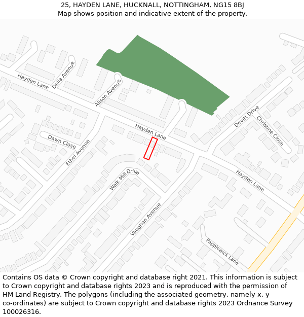 25, HAYDEN LANE, HUCKNALL, NOTTINGHAM, NG15 8BJ: Location map and indicative extent of plot