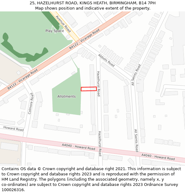 25, HAZELHURST ROAD, KINGS HEATH, BIRMINGHAM, B14 7PH: Location map and indicative extent of plot