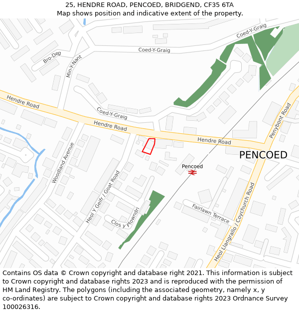 25, HENDRE ROAD, PENCOED, BRIDGEND, CF35 6TA: Location map and indicative extent of plot