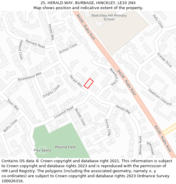 25, HERALD WAY, BURBAGE, HINCKLEY, LE10 2NX: Location map and indicative extent of plot