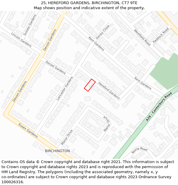 25, HEREFORD GARDENS, BIRCHINGTON, CT7 9TE: Location map and indicative extent of plot